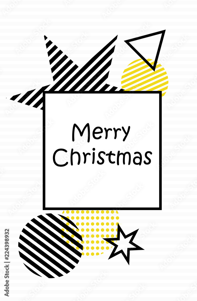 Obraz premium Happy New Year. Merry Christmas. Illustration festive with Christmas balls, stars. On a white background, black and yellow Christmas decorations.