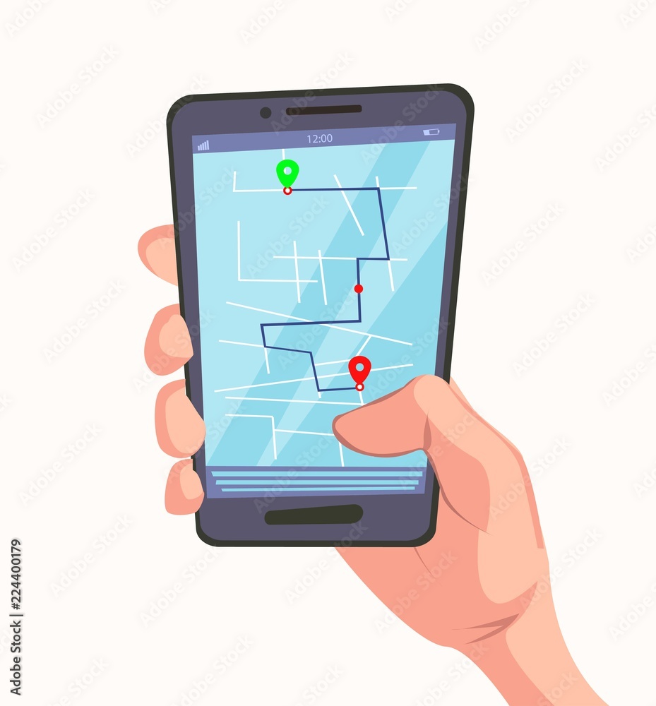 Navigation app with map on mobile phone in hand. Tracking system. Flat cartoon style. Vector illustration. Navigation app with map on mobile phone in hand. Tracking system. Flat cartoon style. Vector illustration.