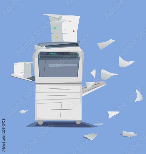 Office Multifunction Printer scanner. A lot of documents and papers Isolated Flat Vector Illustration