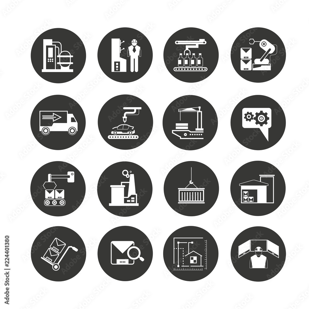 manufacturing and industry icon set in circle buttons manufacturing and industry icon set in circle buttons