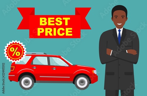 Car showroom. Big sale. Smiling manager sells new business class automobile. Detailed illustration of african american businessman and red auto in flat style. Dealer with car.