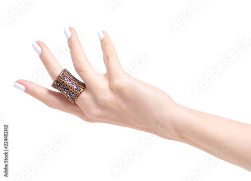 Ring jewerly stone bijouterie in hand on white background isolation