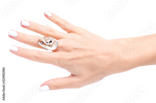 Ring jewerly bijouterie on hand on white background isolation