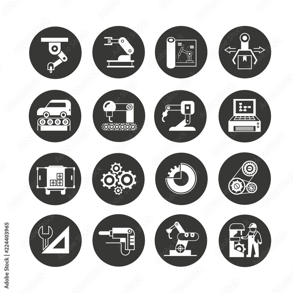 robotics and manufacturing icon set in circle buttons robotics and manufacturing icon set in circle buttons