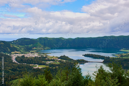 View to Sete Cidades, a small village on the Azores on Sao Miguel, beside a big crater lake