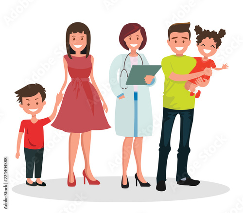 Family dentist or doctor. The stomatologist and his smiling patients.