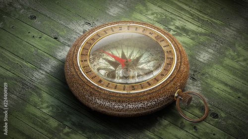 3d illustration of an Ancient compass that ornamented surfaces on a green wooden table