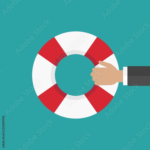 Hand holding a lifebuoy on bue background. Help, support, survival or investment symbol.