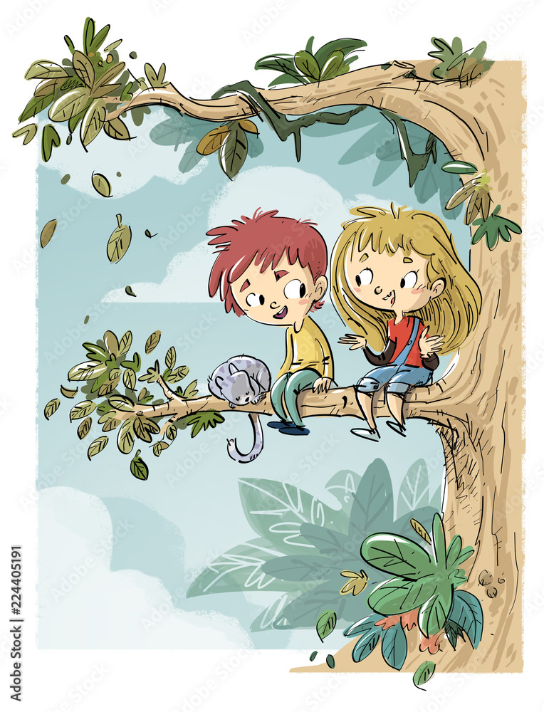Naklejka premium niños subidos al arbol