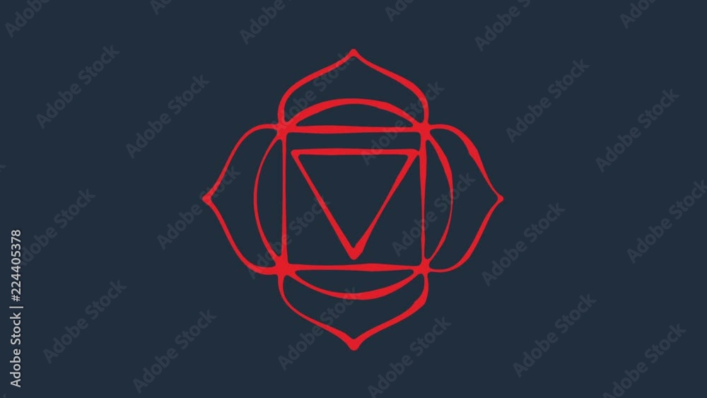 Animated chakra muladhara. The first symbol is red. Lotus in the stroke. Isotherics. Yoga icon. Om sign