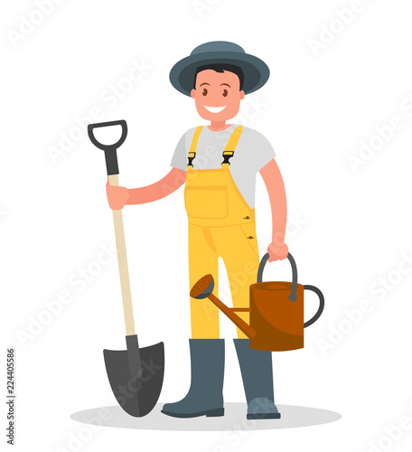 Happy gardener man with a shovel and watering can on a white background.