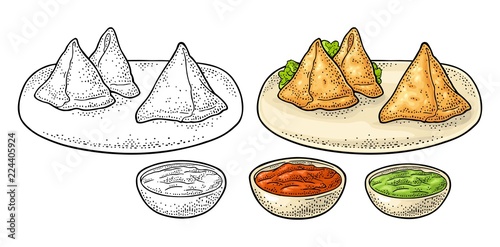 Samosa on board with sauces in bowl. Vector color engraving