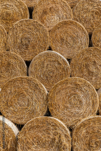 Round bales of hay stacked in a pyramid shape. Close up.