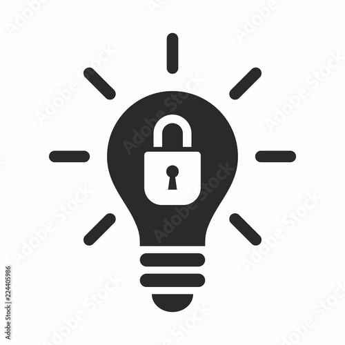 Patent idea, patented solution locked or protected light bulb vector icon