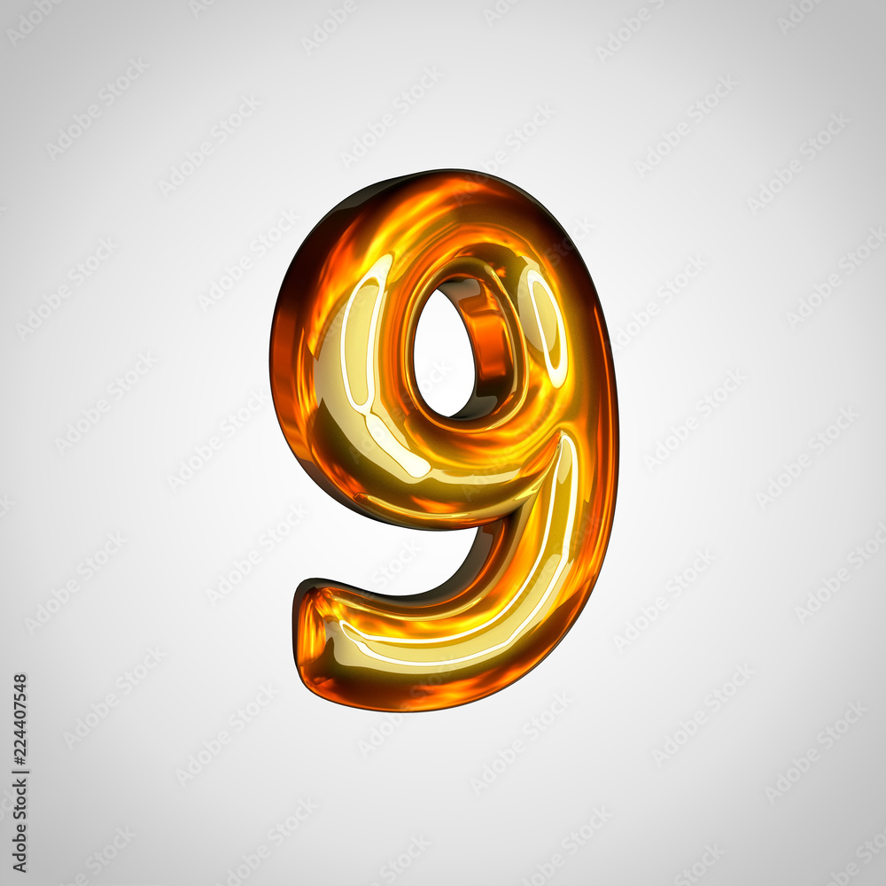 Golden number 9 with fire reflection isolated on white background Golden number 9 with fire reflection isolated on white background