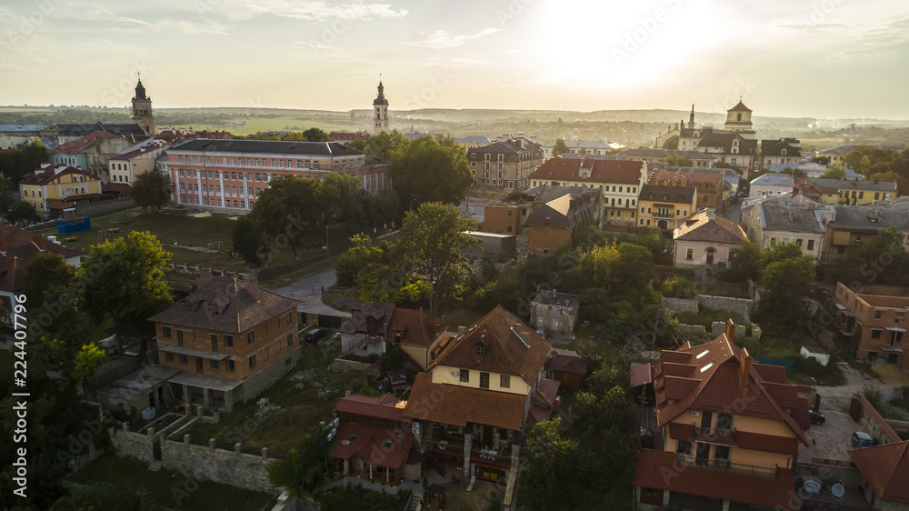 Aerial view above an old town at sunset in Kamenets-Podolsky.