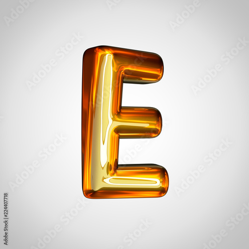 Golden letter E uppercase with fire reflection isolated on white background