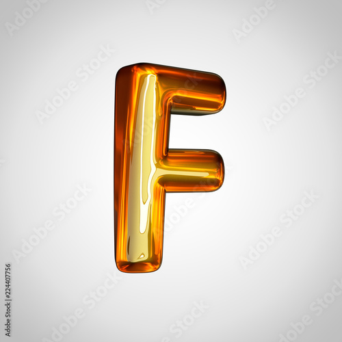 Golden letter F uppercase with fire reflection isolated on white background