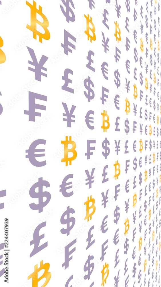 Bitcoin and currency on a white background. Digital Cryptocurrency symbol. Business concept. Market Display. 3D illustration