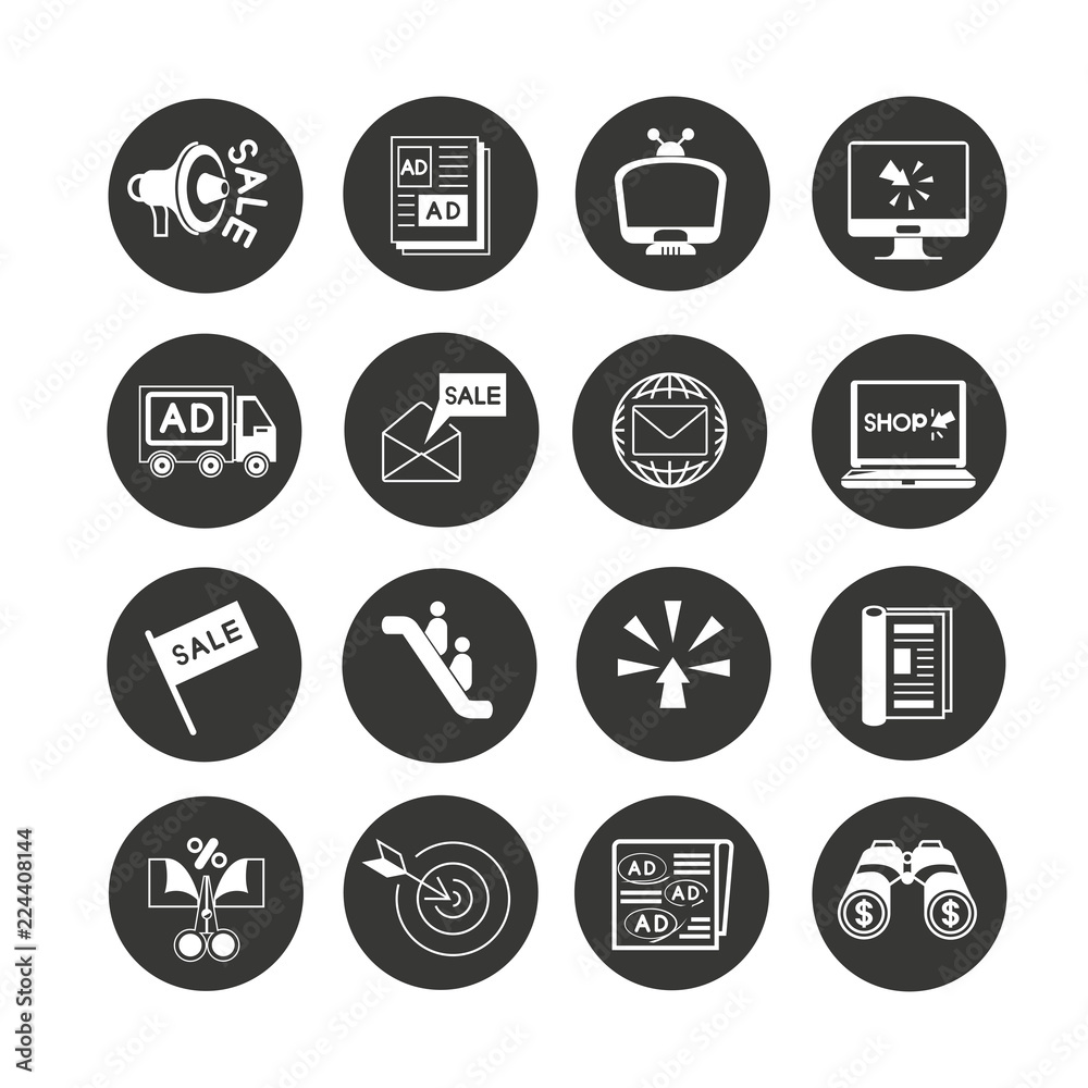 marketing and advertising icon set in circle buttons marketing and advertising icon set in circle buttons