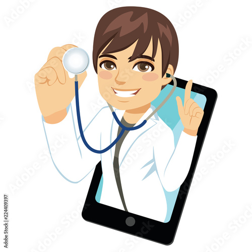 Young doctor man popping out of smartphone screen with a stethoscope online consultation concept