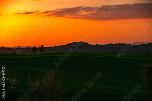 Landscape of tuscan countryside at sunset