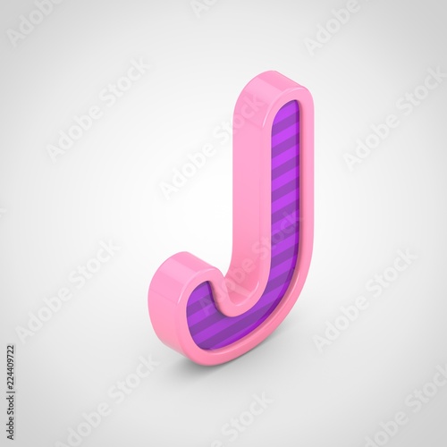 Pink letter J uppercase with violet stripes isolated on white background.