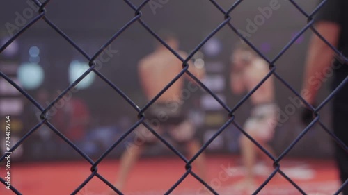 Athletes in the ring extreme Sport mixed martial arts competition tournament series MMA. Octagonal ring for fights. Blurred.
