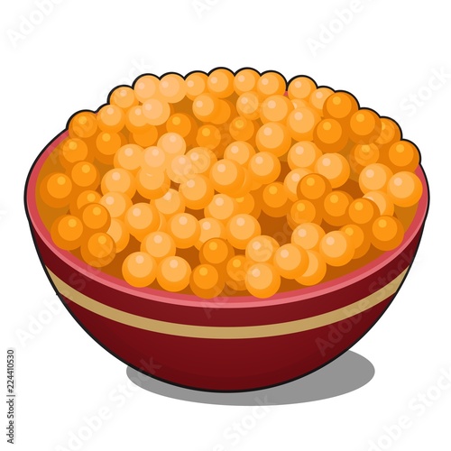 Clay bowl with red caviar isolated on white background. Vector cartoon close-up illustration.