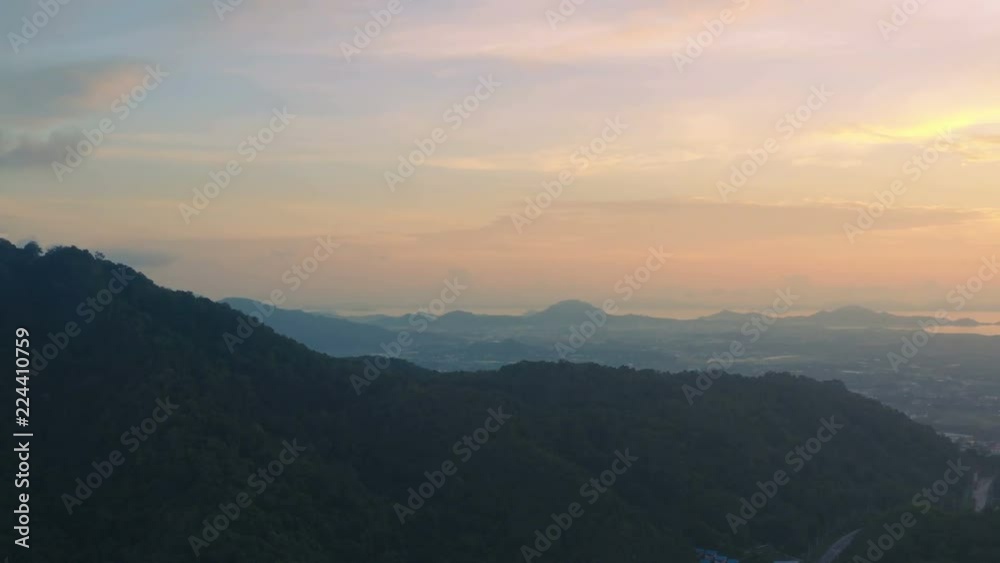 aerial view sunrise in Chalong sea Phuket big Buddha is on the top of Nakkerd mountain. aerial view sunrise in Chalong sea Phuket big Buddha is on the top of Nakkerd mountain.