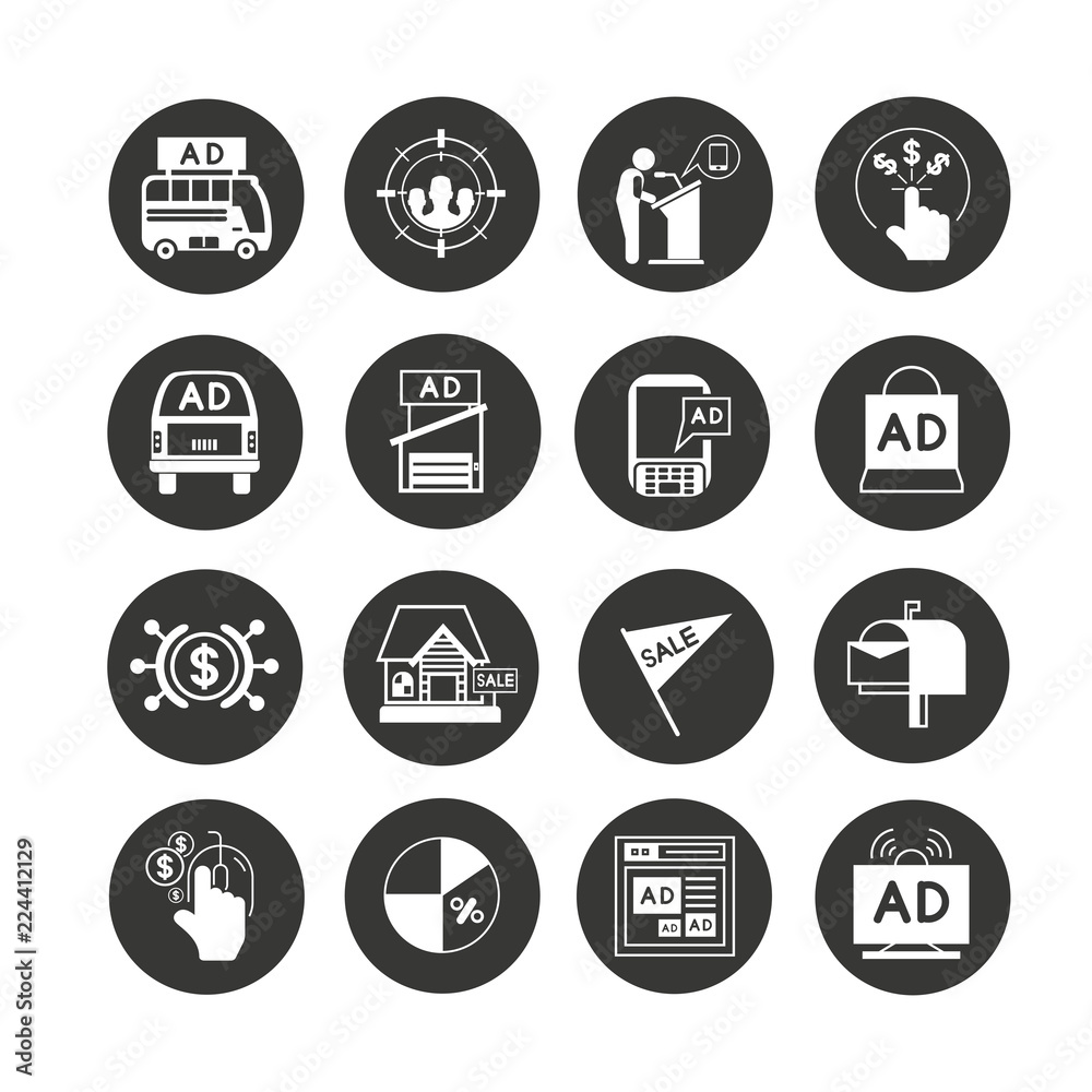 marketing and advertising icon set in circle buttons marketing and advertising icon set in circle buttons