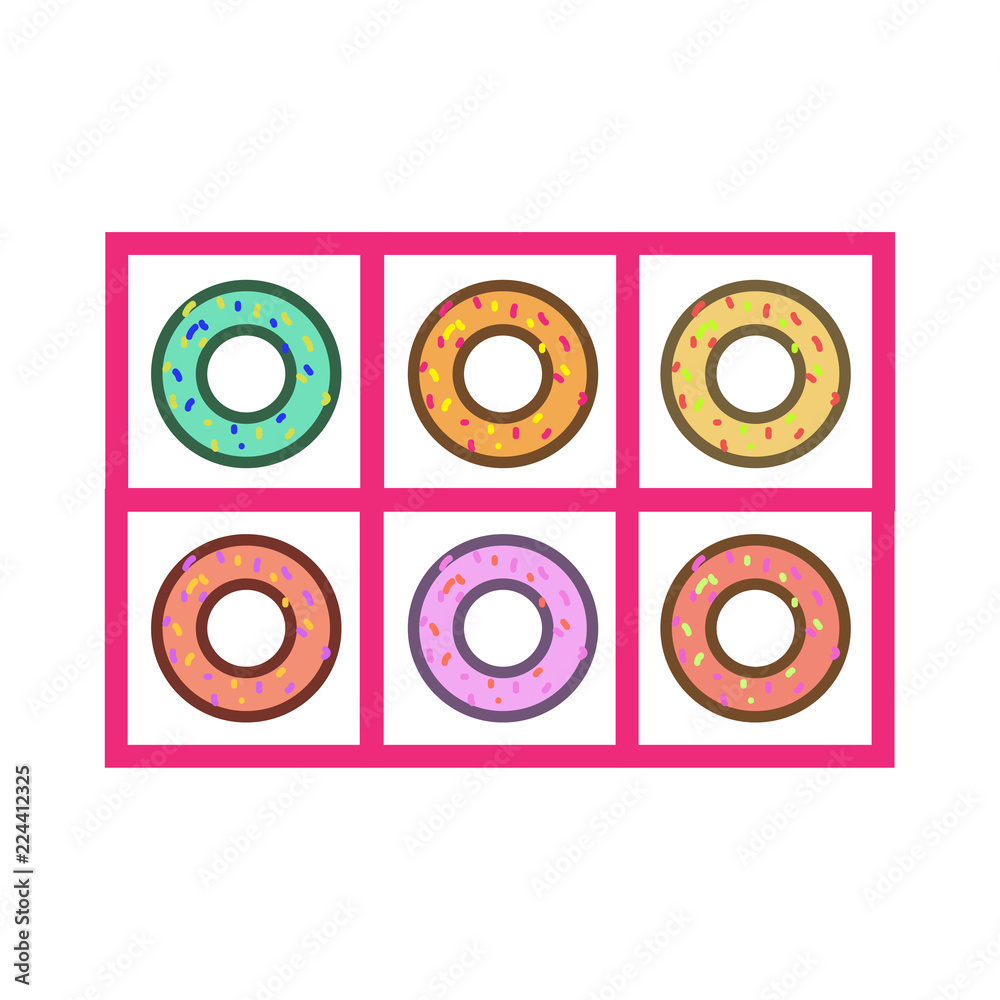 Set of cartoon colorful donuts isolated on white background. Top View Doughnuts collection into glaze for menu design, cafe decoration, delivery box. vector illustration in flat style