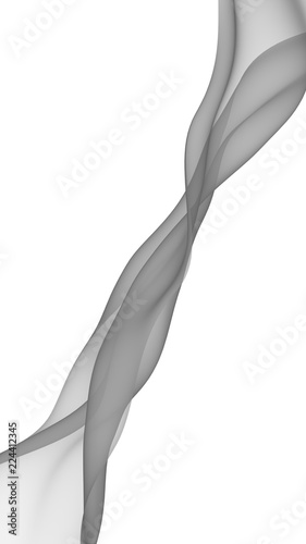 Abstract gray wave. Bright gray ribbon on white background. Gray scarf. Abstract smoke. Raster air background. Vertical image orientation. 3D illustration