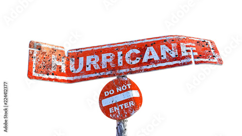 3D rendering of horizontal damaged hurricane board on a pole with circular do not enter board on a various background and outlined path