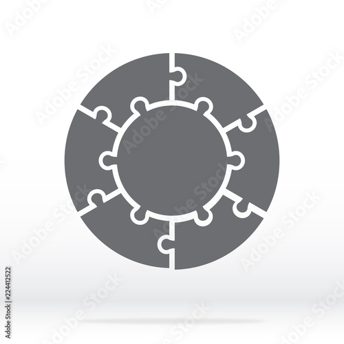 Simple icon circle puzzle in gray. Simple icon circle puzzle of the six pieces and center on gray background. Flat design. Vector illustration EPS10.