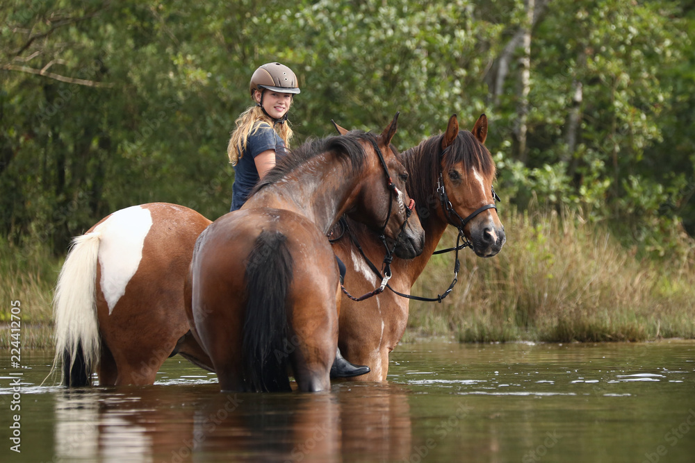 Mädchen mit Pferd in der Heide am See
