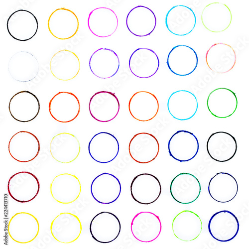 many little hand drawn multicolored circles illustration with stains and blots on white background