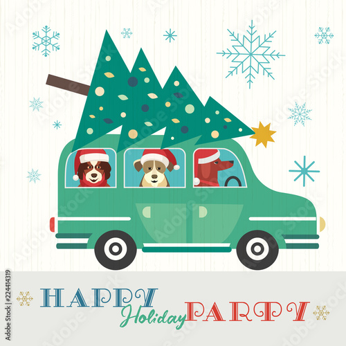Happy holidays party poster. Cute comic dogs in Santa Claus hat. Christmas tree on retro car. Colorful playful cartoon. Seasonal wishes. Vector winter holiday greeting card. New Year event fun banner