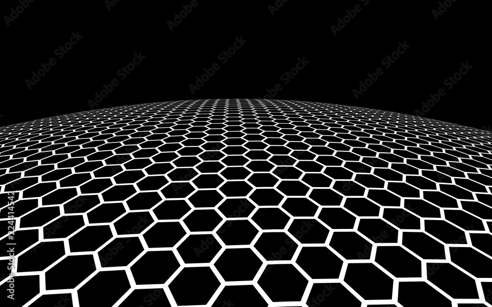 White honeycomb on a black background. Perspective view on polygon look like honeycomb. Ball, planet, covered with a network, honeycombs, cells. 3D illustration White honeycomb on a black background. Perspective view on polygon look like honeycomb. Ball, planet, covered with a network, honeycombs, cells. 3D illustration