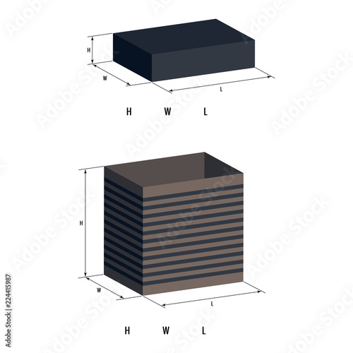 Realistic box with lid on white background, its dimensions are indicated. 3d illustration for design. Open box, its length, width and height. Vector drawing.