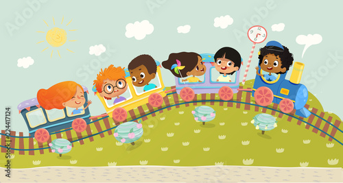 Illustration of the multiracial kids having trip on a train. School kids boys and girls laughing and traveling by colorful train on a green hills. Vector. Can be used for web, poster, banner