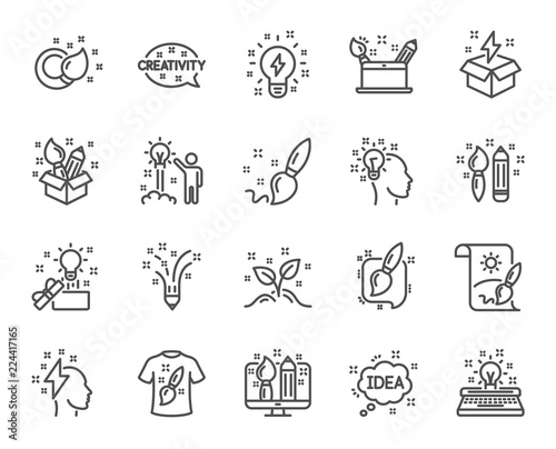 Creativity line icons. Set of Design, Idea and Inspiration linear icons. Imagination, Idea box and Creative signs. Brush with pencil, T-shirt and Out of the box symbols. Quality design. Vector