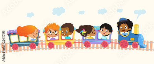 Multiracial School kids boys and girls laughing and traveling by colorful train on a green hills. Vector. Isolated. Can be used for web, poster, banner