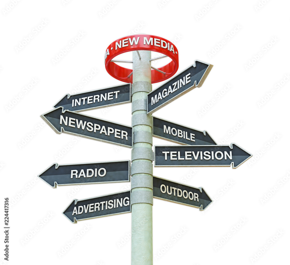 3D rendering of new media and broadcasting direction boards with outlined path that can be extracted from background 3D rendering of new media and broadcasting direction boards with outlined path that can be extracted from background