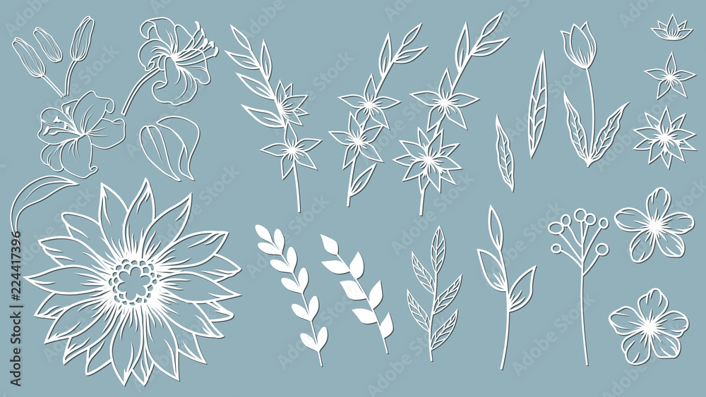 Set template for laser cutting and Plotter. Flowers, leaves for decoration. Vector illustration. Sticker set. lily. plotter and screen printing. serigraphy