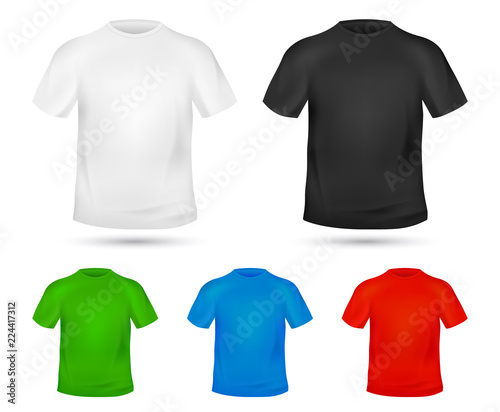 Blank T-shirt template. Tee graphic concept. Change colors Mock-up t shirt printing design. Replace with your Design. Textile Tee-shirt print. White, black and blue clothes. Vector