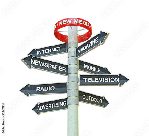 3D rendering of new media and broadcasting direction boards with outlined path that can be extracted from background