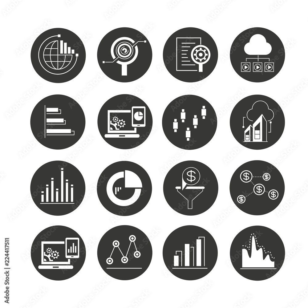 data analytics and network concept icons in circle buttons
