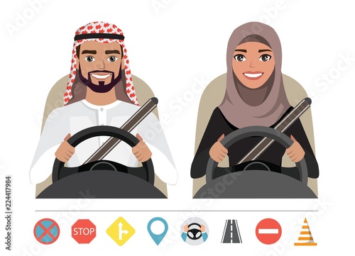 Arab man and arab woman driving a car. Silhouette of a woman and a man who sit behind the wheel