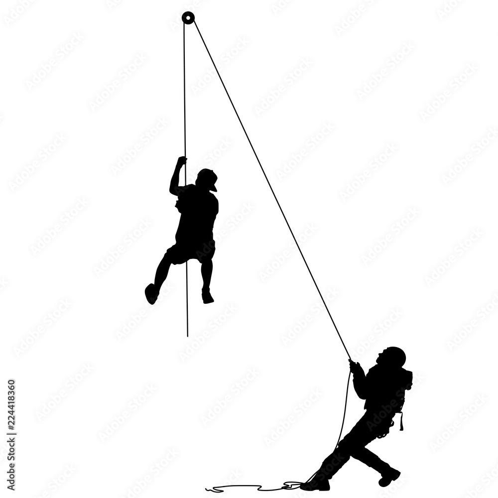 Black silhouette craftsman pulling rope on white background Stock